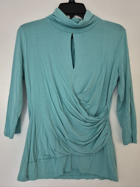 New York & Company Tops - NY & Co 7th Ave Design Studio 3/4 Sleeve Faux Wrap Runched Keyhole Top sz M Teal